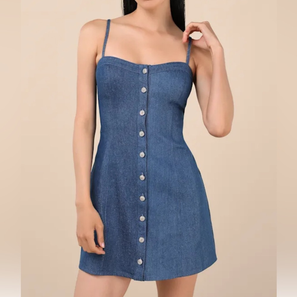 Lulus Blakely Blue Chambray Button-Front Mini Dress NWT Medium